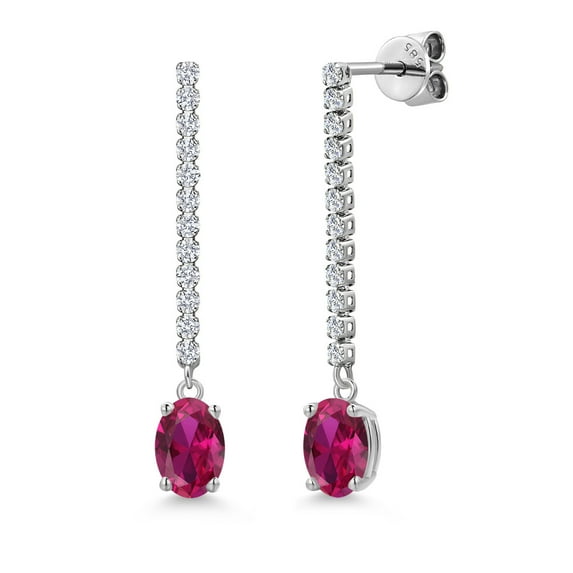 Gem Stone King 14K White Gold Red Created Ruby and White Lab Grown Diamond Long Liner Dangle Earrings for Women | 2.06 Cttw | Gemstone July Birthstone | Oval 7X5MM | White Gold Chain Drop Earrings