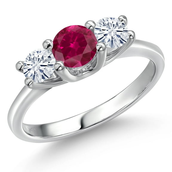 Gem Stone King 14K White Gold Red Created Ruby & White Moissanite 3-Stone Engagement Ring | 1.06 Cttw | Round 5MM and 4MM | Three Stone Wedding Anniversary Promise Ring for Women (Size 5)