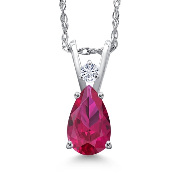 Gem Stone King 14K White Gold Red Created Ruby and White Moissanite Pendant Necklace for Women | 1.04 Cttw | Gemstone July Birthstone | Pear Shape 7X5MM | With 18 inch Chain