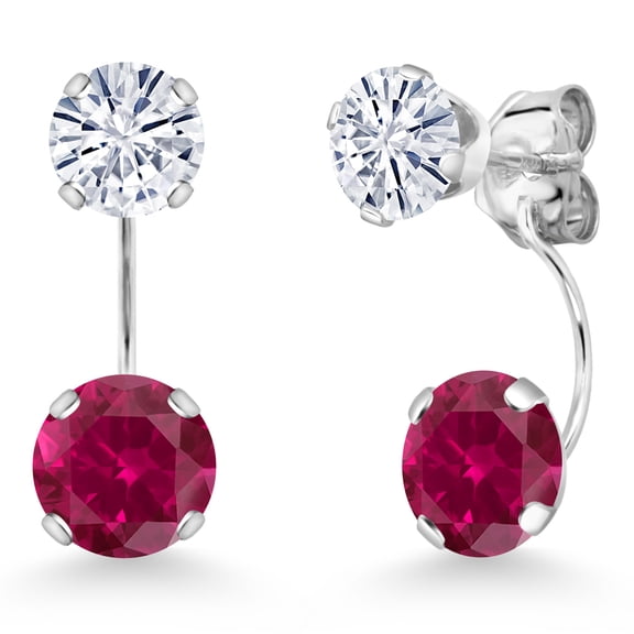 Gem Stone King 14K White Gold Red Created Ruby and White Moissanite Stud Earrings for Women | 3.00 Cttw | Gemstone July Birthstone | Round 6MM