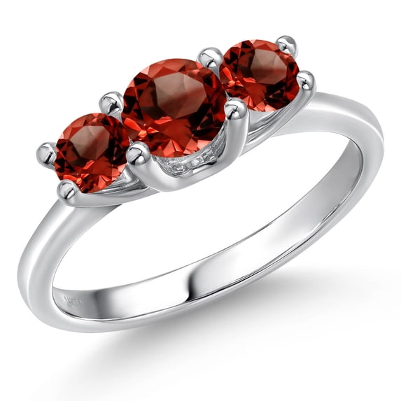 Gem Stone King 14K White Gold Red Garnet 3-Stone Engagement Ring | 1.29 Cttw | Round 5MM and 4MM | Three Stone Wedding Anniversary Promise Ring for Women (Size 5)
