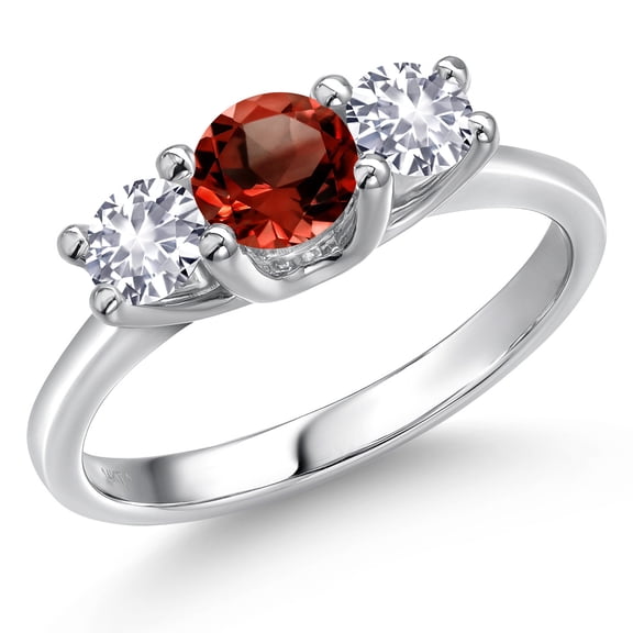 Gem Stone King 14K White Gold Red Garnet & White Created Sapphire 3-Stone Engagement Ring | 1.05 Cttw | Round 5MM and 4MM | Three Stone Wedding Anniversary Promise Ring for Women (Size 9)