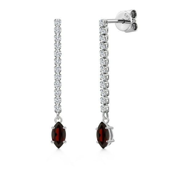 Gem Stone King 14K White Gold Red Garnet and White Lab Grown Diamond Long Liner Dangle Earrings for Women | 0.88 Cttw | Gemstone January Birthstone | Marquise 6X3MM | White Gold Chain Drop Earrings