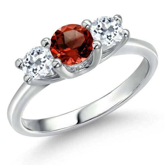 Gem Stone King 14K White Gold Red Garnet & White Topaz 3-Stone Engagement Ring | 1.21 Cttw | Round 5MM and 4MM | Three Stone Wedding Anniversary Promise Ring for Women (Size 6)