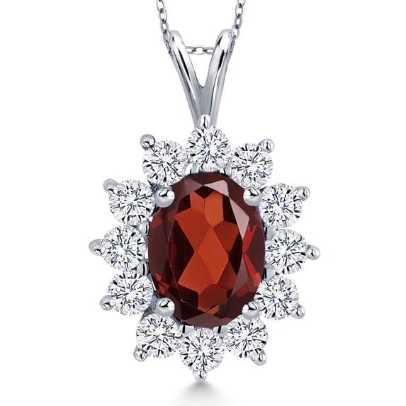 Gem Stone King 14K White Gold Red Garnet and White Zirconia Pendant Necklace for Women (1.80 Cttw, Gemstone January Birthstone, Oval 8X6MM, with 18 inch Chain)