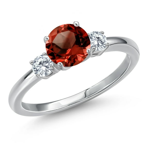 Gem Stone King 14K White Gold Red Garnet and Moissanite Engagement Ring for Women | 1.40 Cttw | Round 6.5MM | Gemstone January Birthstone | Size 8