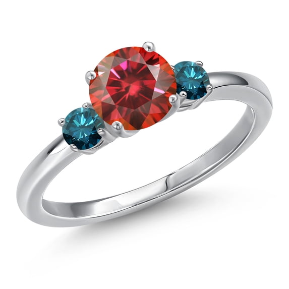 Gem Stone King 14K White Gold Red Moissanite and Blue Diamond Engagement Ring for Women | 1.20 Cttw | Round 6.5MM | Gemstone Birthstone | Size 5