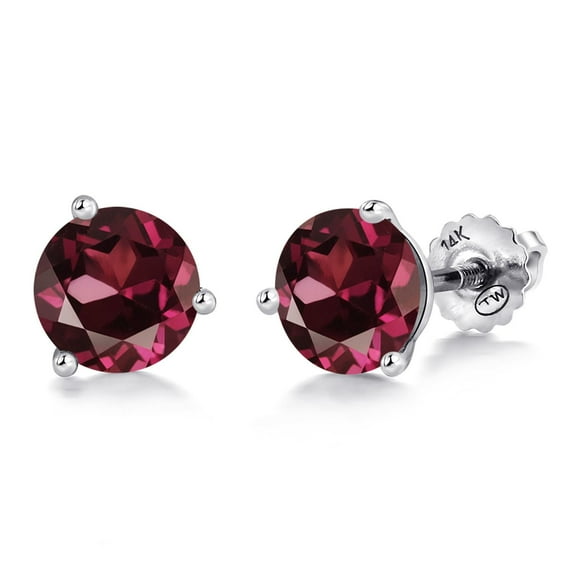 Gem Stone King 14K White Gold Red Rhodolite Garnet 3 Prong Martini Screw Back Stud Earrings for Women Men (2.00 Cttw, Gemstone January Birthstone, Round 6MM)