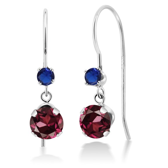 Gem Stone King 14K White Gold Red Rhodolite Garnet and Blue Created Sapphire French Wire Dangle Hook Earrings for Women (1.36 Cttw, Gemstone January Birthstone, Round 5MM and 2.5MM)