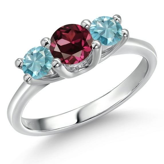 Gem Stone King 14K White Gold Red Rhodolite Garnet & Blue Zircon 3-Stone Engagement Ring | 1.60 Cttw | Round 5MM and 4MM | Three Stone Wedding Anniversary Promise Ring for Women (Size 6)