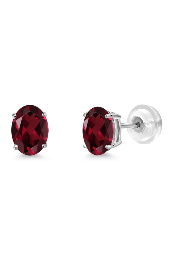 14K White Gold Red Rhodolite Garnet Stud Basket Setting Earrings for Women Men (1.80 Cttw, Gemstone January Birthstone, Oval 7X5MM)