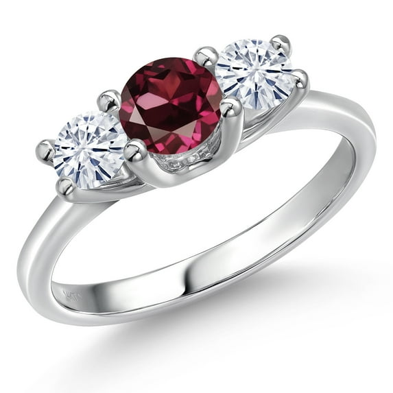 Gem Stone King 14K White Gold Red Rhodolite Garnet & White Moissanite 3-Stone Engagement Ring | 1.06 Cttw | Round 5MM and 4MM | Three Stone Wedding Anniversary Promise Ring for Women (Size 9)