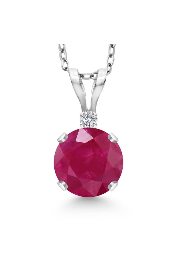 14K White Gold Red Ruby and Lab Grown Diamond Pendant Necklace for Women | 1.02 Cttw | Gemstone July Birthstone | Round 6MM | With 18 inch Silver Chain
