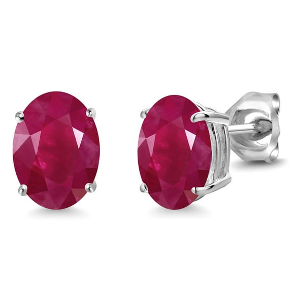 Gem Stone King 14K White Gold Red Ruby Stud Earrings for Women Men (3.20 Cttw, Gemstone February Birthstone, Oval 8X6MM)
