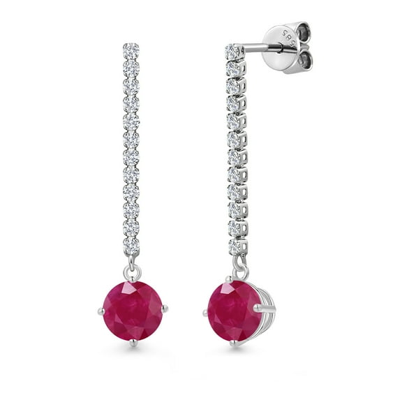 Gem Stone King 14K White Gold Red Ruby and White Lab Grown Diamond Long Liner Dangle Earrings for Women | 2.36 Cttw | Gemstone July Birthstone | Round 6MM | White Gold Chain Drop Earrings
