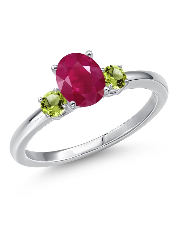 14K White Gold Red Ruby and Green Peridot Engagement Ring for Women | 1.24 Cttw | Oval 7X5MM | Gemstone July Birthstone | Size 5