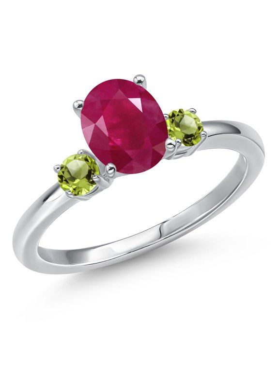 14K White Gold Red Ruby and Green Peridot Engagement Ring for Women | 1.84 Cttw | Oval 8X6MM | Gemstone July Birthstone | Size 8