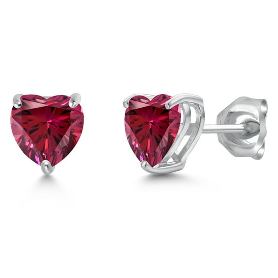 Gem Stone King 14K White Gold Red Zirconia Stud Earrings for Women Men | 1.48 Cttw | Gemstone Birthstone | Heart Shape 6MM