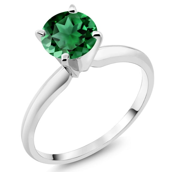 Gem Stone King 14K White Gold Round Green Simulated Emerald Women's Solitaire Engagement Ring (0.77 Cttw, Available in Size 5,6,7,8,9)
