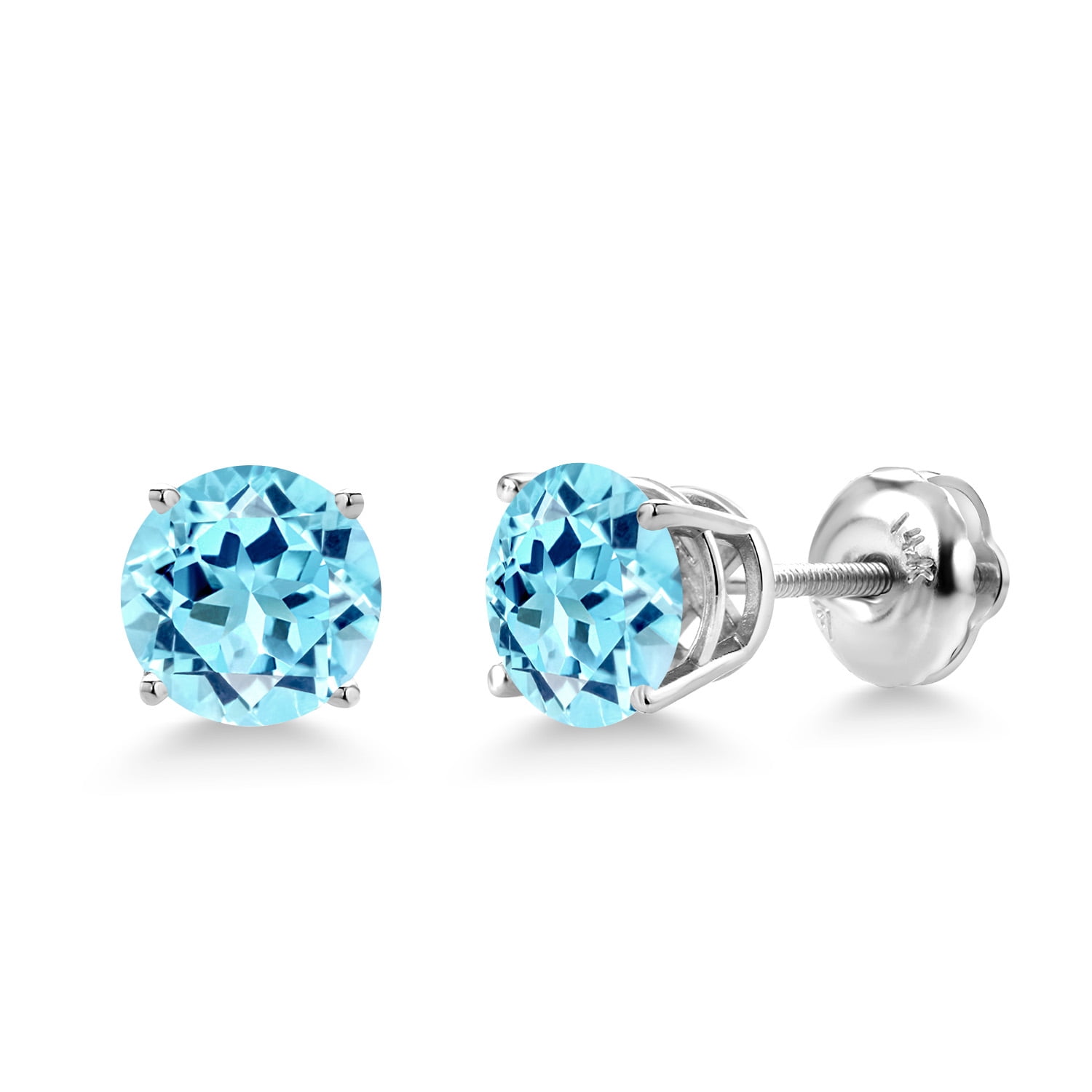Gem Stone King 14K White Gold Screwback Stud Earrings for Women Men 1.64 Ct Round 6mm Blue Apatite