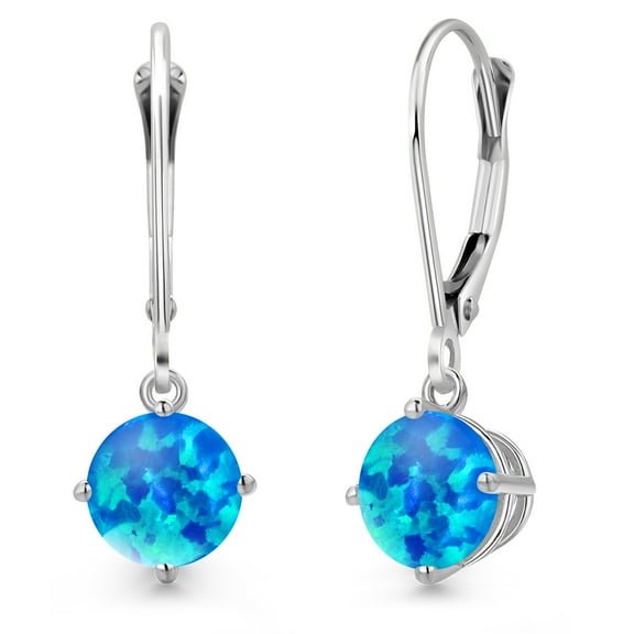 Gem Stone King 14K White Gold Simulated Blue Opal Earrings for Women | 0.60 Cttw | Gemstone October Birthstone | Round Cabochon 6MM