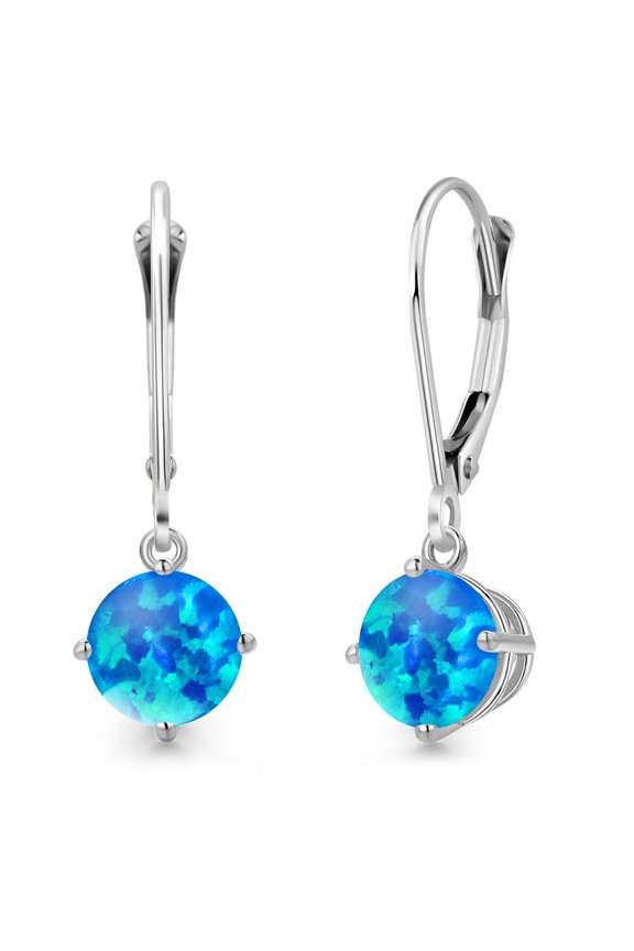 14K White Gold Simulated Blue Opal Earrings for Women | 0.60 Cttw | Gemstone October Birthstone | Round Cabochon 6MM