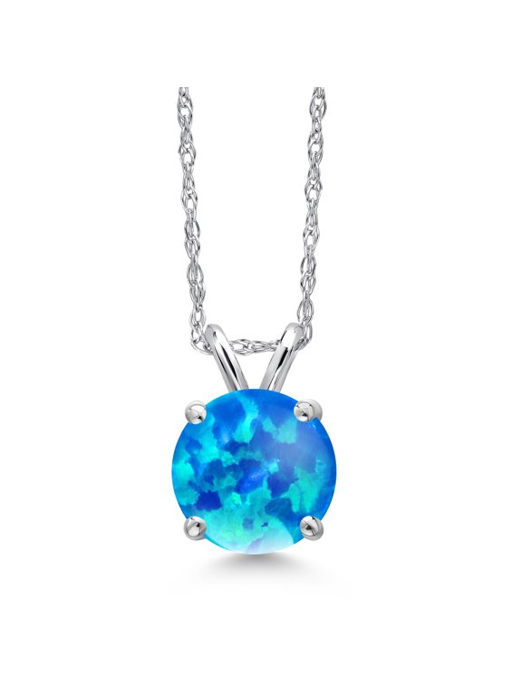 14K White Gold Simulated Blue Opal Pendant Necklace for Women | 0.86 Cttw | Gemstone October Birthstone | Round Cabochon 7MM | With 18 inch Chain