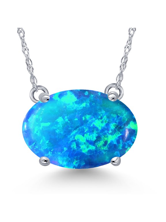 14K White Gold Simulated Blue Opal Pendant Necklace for Women | 1.17 Cttw | Gemstone October Birthstone | Oval Cabochon 11X9MM | With 18 inch Chain
