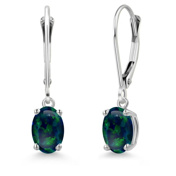 Gem Stone King 14K White Gold Simulated Green Opal Earrings for Women | 1.26 Cttw | Gemstone October Birthstone | Oval Cabochon 7X5MM