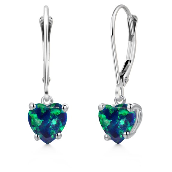 Gem Stone King 14K White Gold Simulated Green Opal Earrings for Women | 1.50 Cttw | Gemstone October Birthstone | Heart Shape 6MM