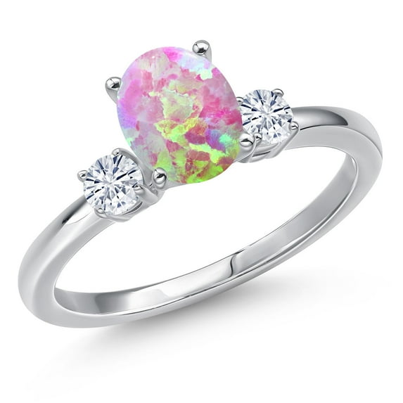Gem Stone King 14K White Gold Simulated Pink Opal and White Moissanite Engagement Ring for Women | 1.25 Cttw | Oval Cabochon 8X6MM | Gemstone October Birthstone | Size 9