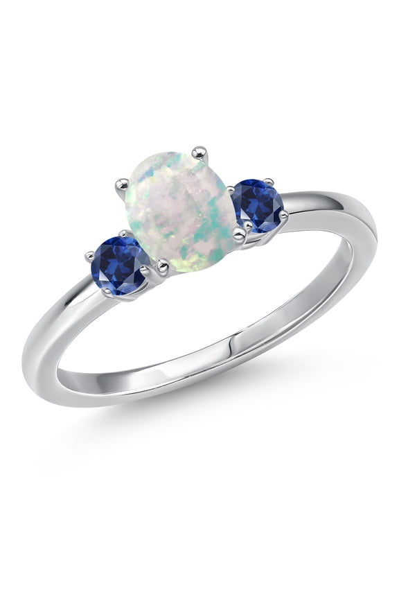 14K White Gold Simulated White Opal and Blue Created Sapphire Engagement Ring for Women | 1.28 Cttw | Oval Cabochon 7X5MM | Gemstone October Birthstone | Size 9