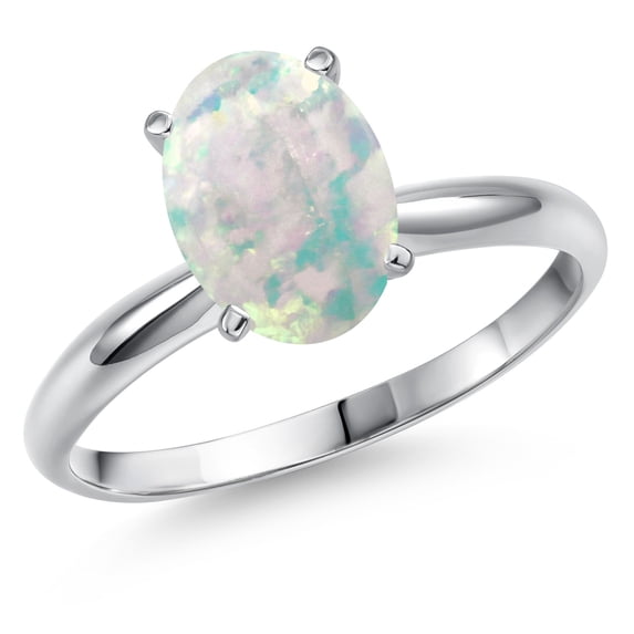 Gem Stone King 14K White Gold Simulated White Opal Solitaire Engagement Ring for Women | 1.00 Cttw | Oval Cabochon 9X7MM | Gemstone October Birthstone | Size 7