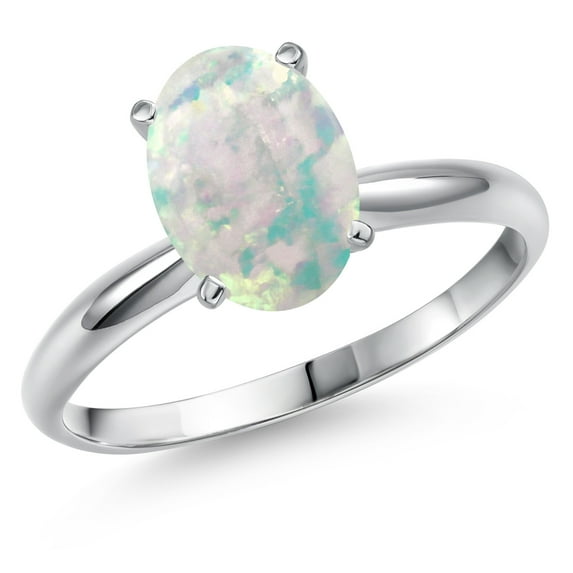 Gem Stone King 14K White Gold Simulated White Opal Solitaire Engagement Ring for Women | 1.00 Cttw | Oval Cabochon 9X7MM | Gemstone October Birthstone | Size 8