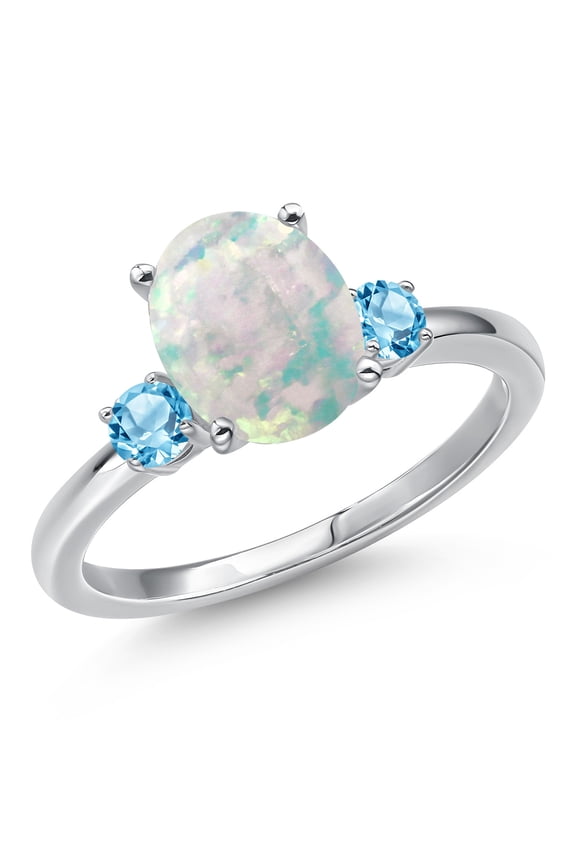 14K White Gold Simulated White Opal and Swiss Blue Topaz Engagement Ring for Women | 2.00 Cttw | Oval Cabochon 10X8MM | Gemstone October Birthstone | Size 5