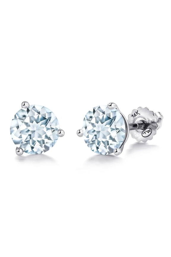 14K White Gold Sky Blue Aquamarine 3 Prong Martini Screw Back Stud Earrings for Women Men (1.50 Cttw, Gemstone March Birthstone, Round 6MM)