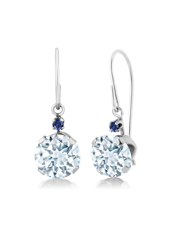 14K White Gold Sky Blue Aquamarine and Blue Created Sapphire Leverback Dangle Earrings for Women (1.53 Cttw, Gemstone March Birthstone, Round 6MM)
