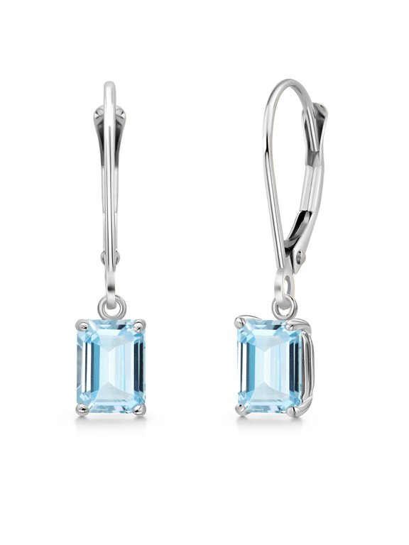 14K White Gold Sky Blue Aquamarine Leverback Dangle Earrings for Women | 1.00 Cttw | Gemstone March Birthstone | Emerald Cut 6X4MM