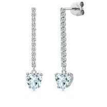 Gem Stone King 14K White Gold Sky Blue Aquamarine and Lab Grown Diamond Dangle Earrings for Women | 1.82 Cttw | Gemstone March Birthstone | Heart Shape 6MM