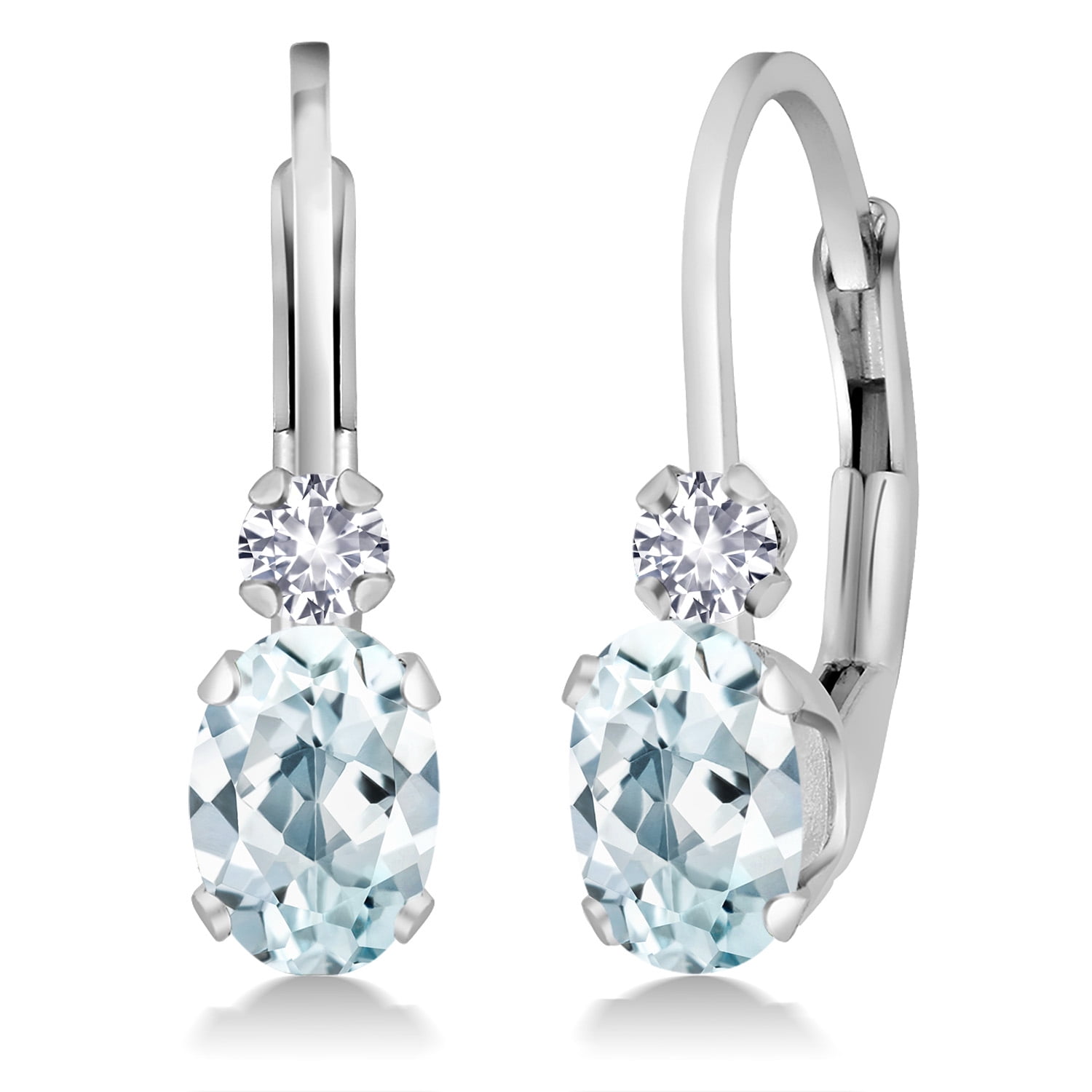 Gem Stone King 14K White Gold Sky Blue Aquamarine and White Created Sapphire Leverback Earrings for Women | 0.94 Cttw | Gemstone March Birthstone | Oval 6X4MM | Round 2MM | 3/4 inch