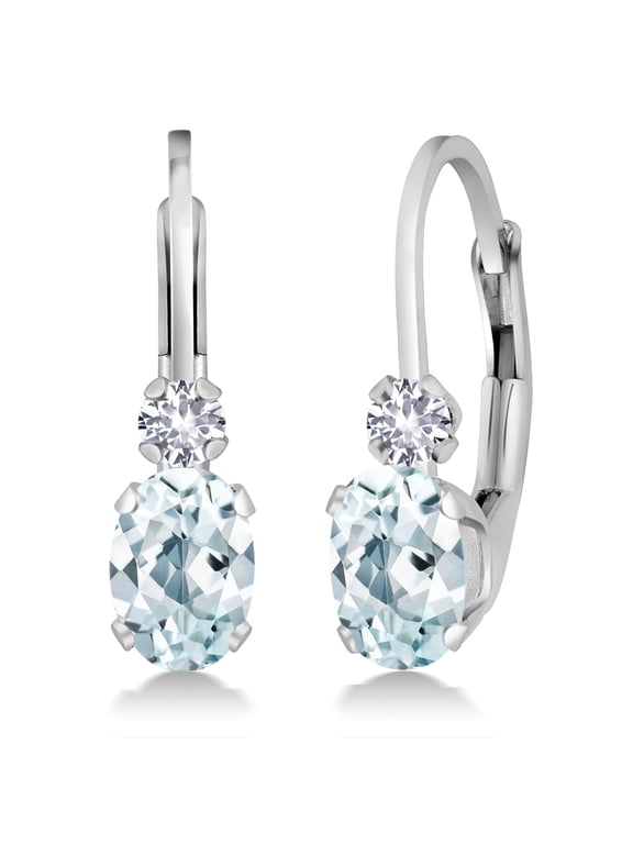 14K White Gold Sky Blue Aquamarine and White Created Sapphire Leverback Earrings for Women | 0.94 Cttw | Gemstone March Birthstone | Oval 6X4MM | Round 2MM | 3/4 inch