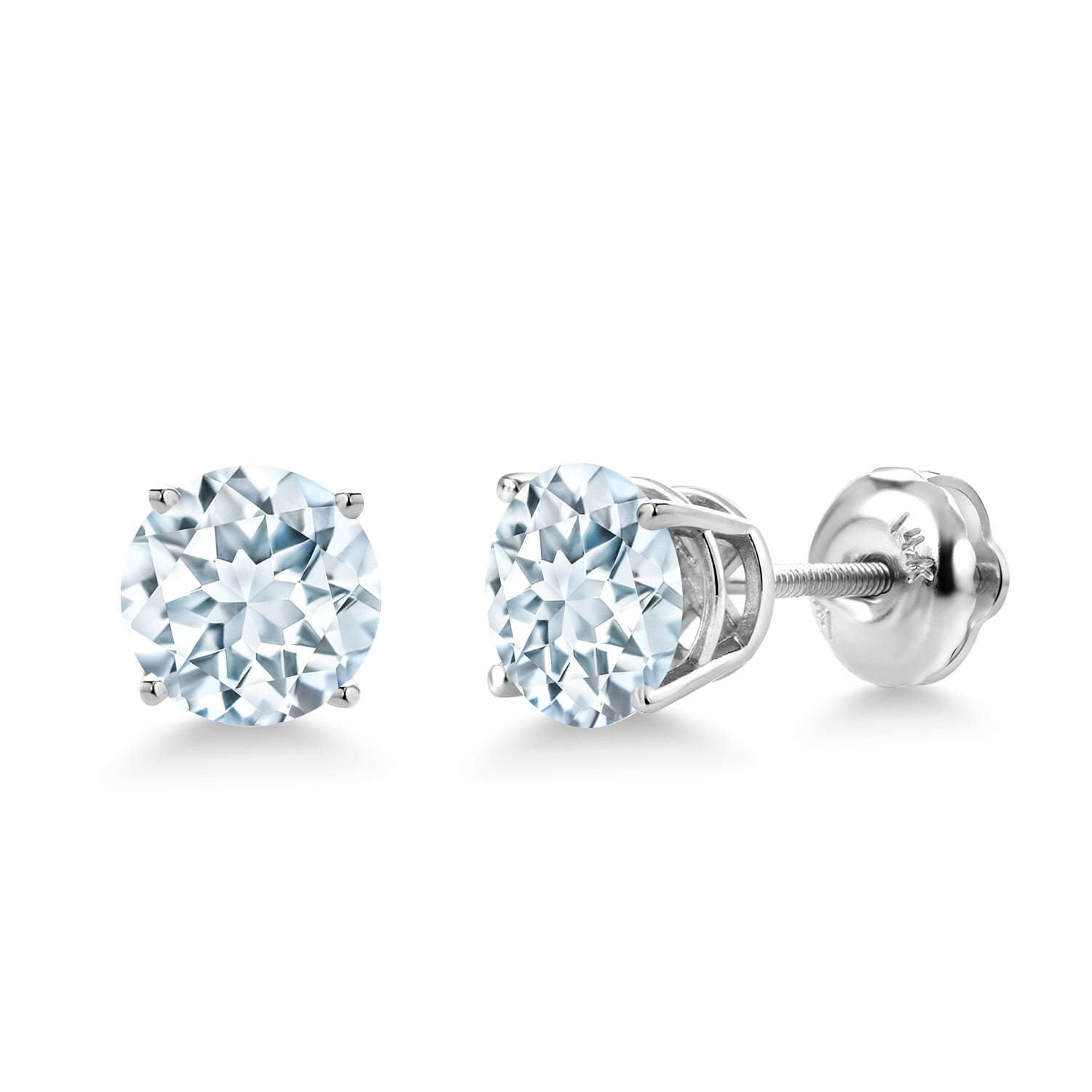 Gem Stone King 14K White Gold Sky Blue Aquamarine Women Screwback Stud Earrings (1.50 Cttw, Round 6MM)