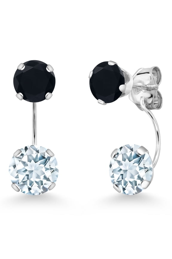 14K White Gold Sky Blue Aquamarine and Black Onyx Stud Earrings for Women | 2.45 Cttw | Gemstone March Birthstone | Round 6MM