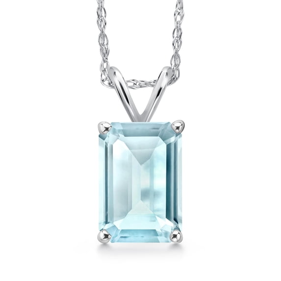 Gem Stone King 14K White Gold Sky Blue Topaz Pendant Necklace for Women | 2.66 Cttw | Gemstone November Birthstone | Emerald Cut 9X7MM | With 18 inch Chain