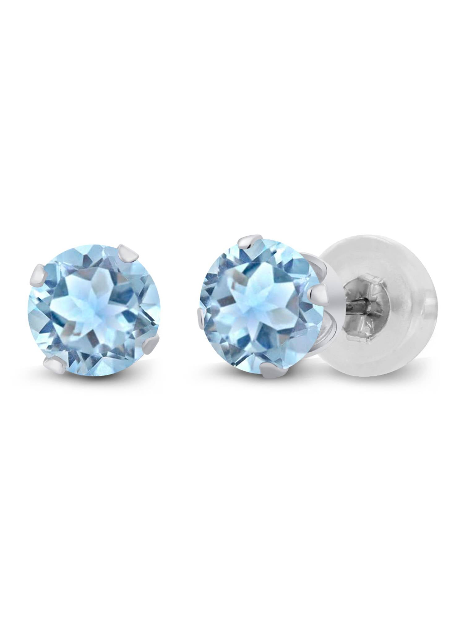 Gem Stone King 14K White Gold Sky Blue Topaz Stud Earrings for Women Men (1.20 Cttw, Gemstone Birthstone, Round 5MM)