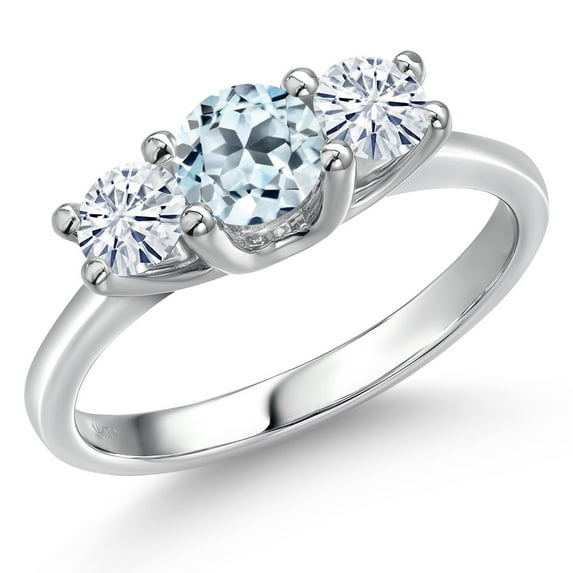 Gem Stone King 14K White Gold Sky Blue Topaz & White Moissanite 3-Stone Engagement Ring | 1.16 Cttw | Round 5MM and 4MM | Three Stone Wedding Anniversary Promise Ring for Women (Size 9)