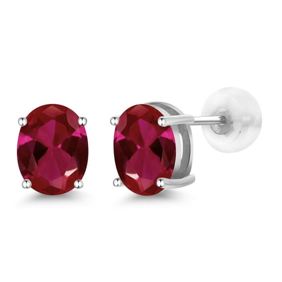 Gem Stone King 14K White Gold Stud Earrings for Women Men 3.00 Ct Oval 8x6mm Red Created Ruby