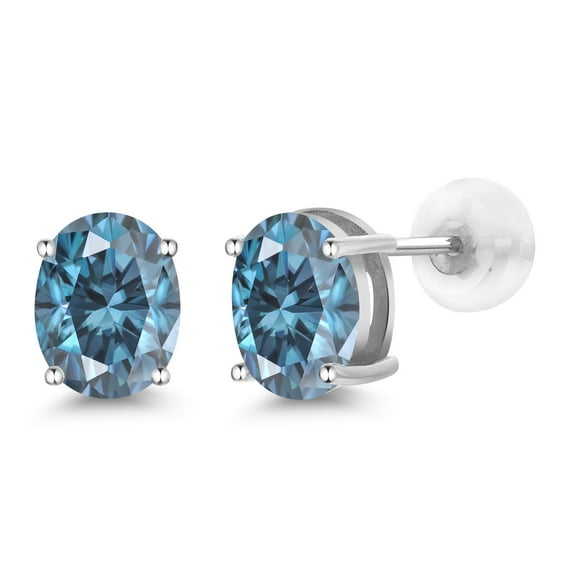 Gem Stone King 14K White Gold Stud Earrings for Women Men Persian Blue Oval Moissanite (2.76 Cttw)