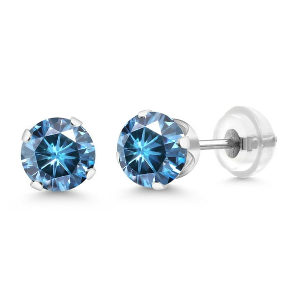 Gem Stone King 14K White Gold Stud Earrings for Women Men Persian Blue Round Moissanite (1.60 Cttw)