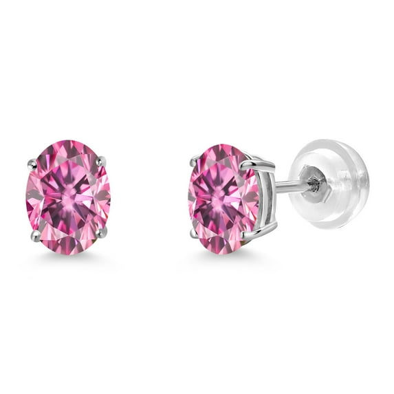 Gem Stone King 14K White Gold Stud Earrings for Women Men Pink Oval Moissanite (1.80 Cttw)